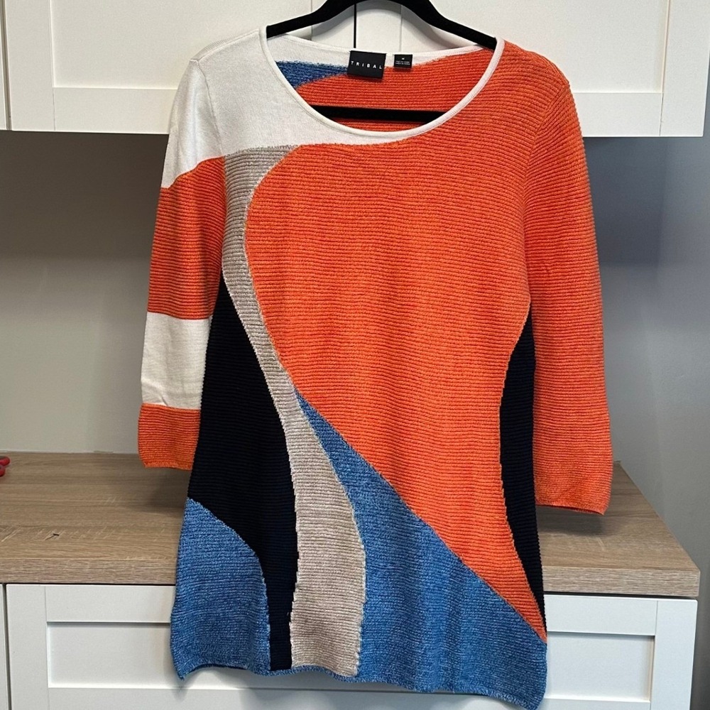 Tribal Abstract Colorblock Sweater Women M‎ Orange Blue Ribbed Knit Artsy Mature
